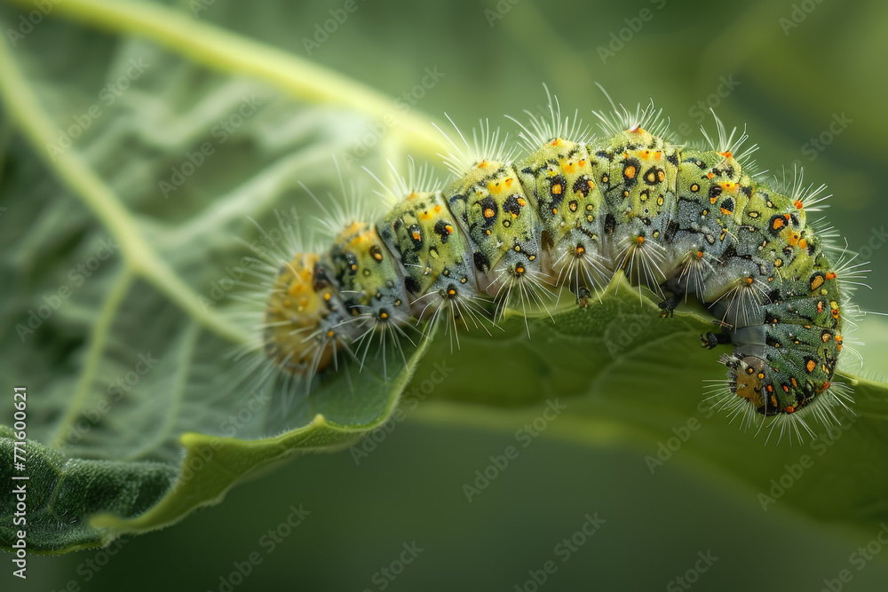 A green caterpillar is crawling on a leaf A green caterpillar is crawling on a leaf