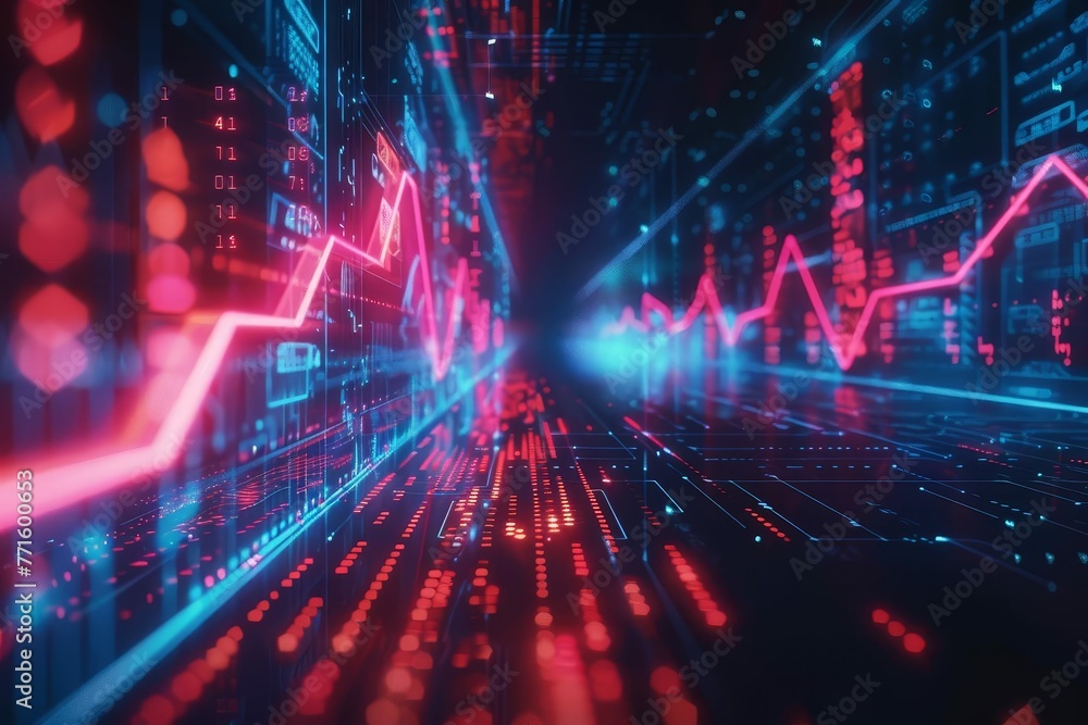 Abstract futuristic digital transformation background with glowing arrow chart, big data and business growth concept, 3D render