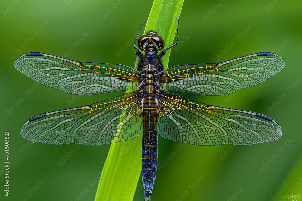 A dragonfly is sitting on a green leaf A dragonfly is sitting on a green leaf