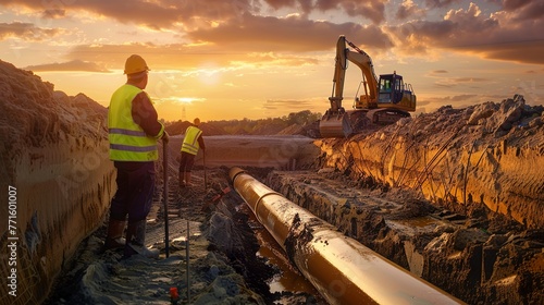 construction worker looking at a long ditch with pipe inside ditch and large digging machinery with sunset in the background photo