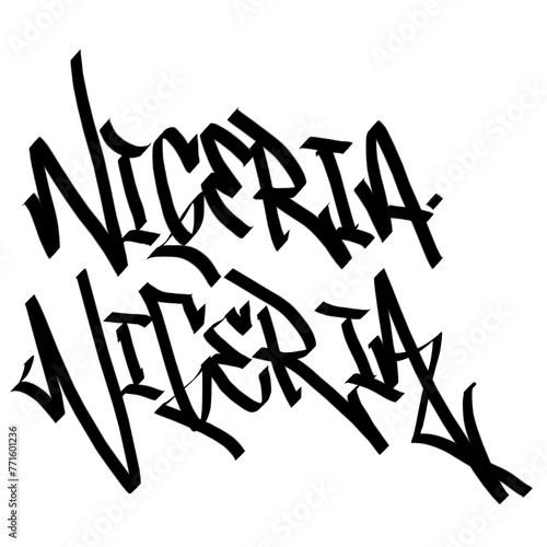 NIGERIA letter the country name on the world digital illustration graffiti handstyle signature symbol tags painting with black and white color photo