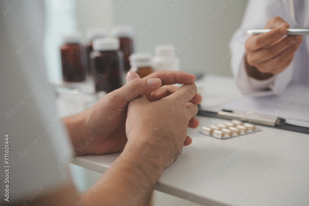 Healthcare service and pharmacy worker with customer at store counter for medication explanation. Pharmaceutical advice and opinion of pharmacist helping girl with medicine information.