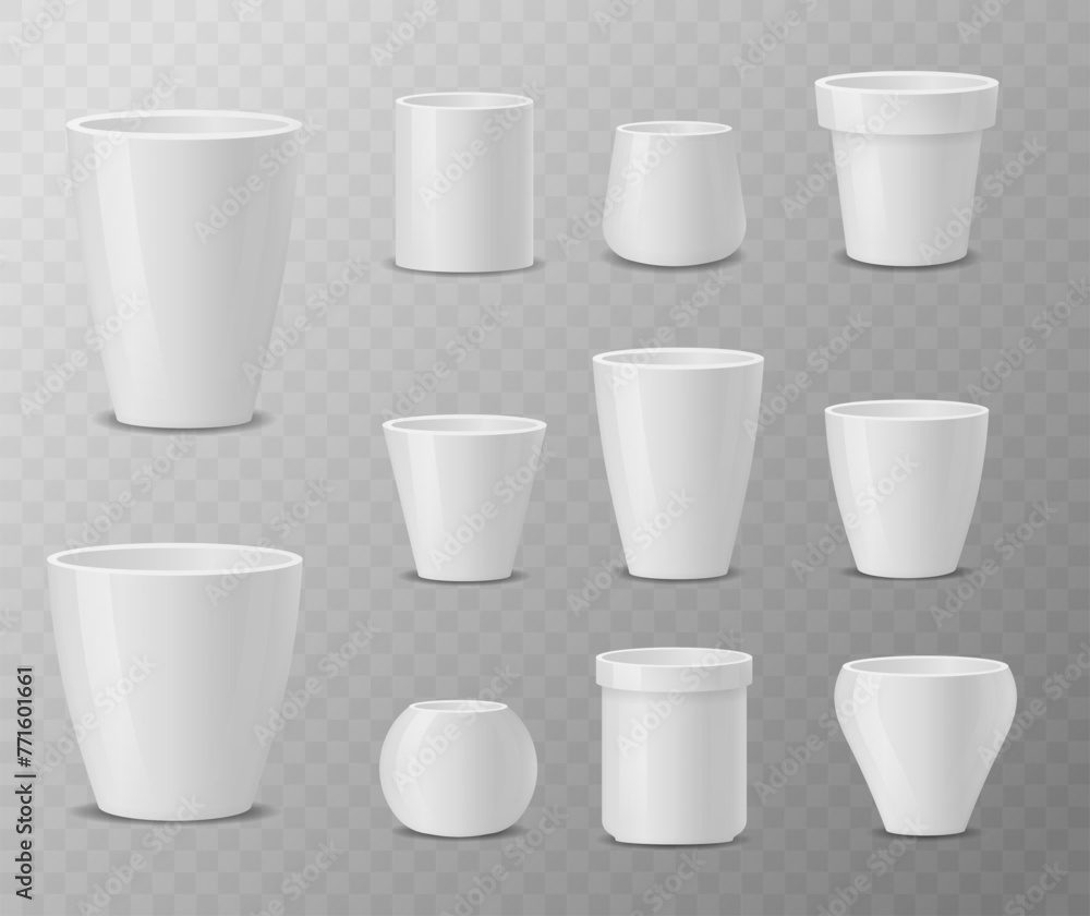 Set of realistic white ceramic flower pots isolated on transparent background. Pots of different shapes. 3D image. Design template for branding, mockup.
Set of realistic white ceramic flower pots isolated on transparent background. Pots of different shapes. 3D image. Design template for branding, mockup.