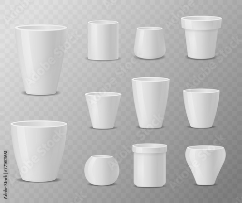 Set of realistic white ceramic flower pots isolated on transparent background. Pots of different shapes. 3D image. Design template for branding, mockup.
