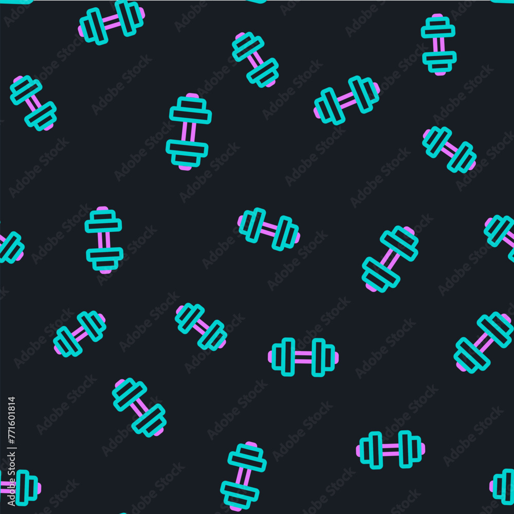 Line Dumbbell icon isolated seamless pattern on black background. Muscle lifting, fitness barbell, sports equipment. Vector Line Dumbbell icon isolated seamless pattern on black background. Muscle lifting, fitness barbell, sports equipment. Vector