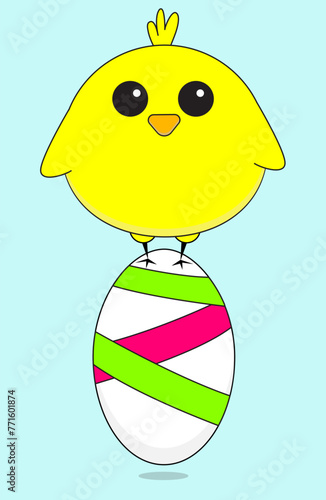 Easter holiday card with cute yellow chick and easter egg
