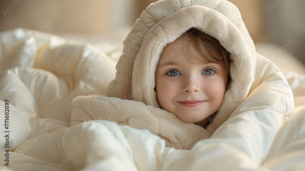 Smiling child wrapped in a cozy blanket, conveying warmth and comfort. Smiling child wrapped in a cozy blanket, conveying warmth and comfort.
