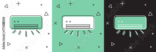 Set Air conditioner icon isolated on white and green, black background. Split system air conditioning. Cool and cold climate control system. Vector
