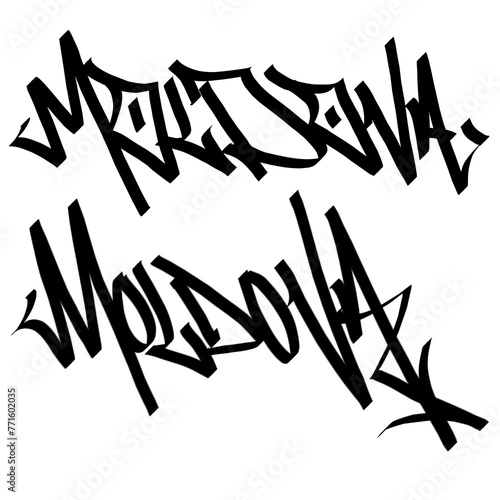 MOLDOVA letter the country name on the world digital illustration graffiti handstyle signature symbol tags painting with black and white color photo