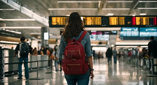 Female Tourist looking at the flight information panel at the airport.