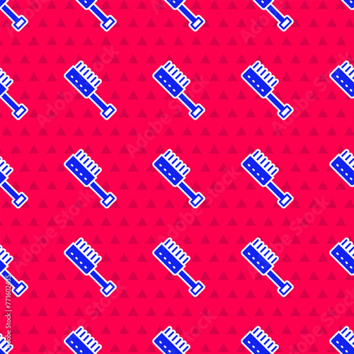 Blue Sauna brush icon isolated seamless pattern on red background. Wooden brush with coarse bristles for washing in the bath. Anti cellulite massage. Vector