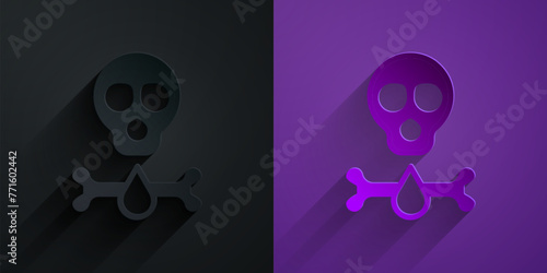 Paper cut Bones and skull as a sign of toxicity warning icon isolated on black on purple background. Paper art style. Vector