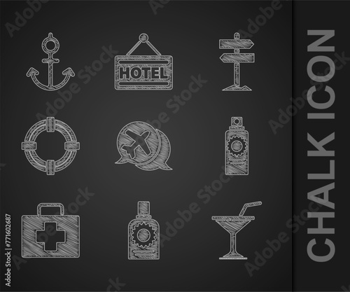 Set Speech bubble with airplane, Sunscreen spray bottle, Martini glass, First aid kit, Lifebuoy, Road traffic signpost and Anchor icon. Vector