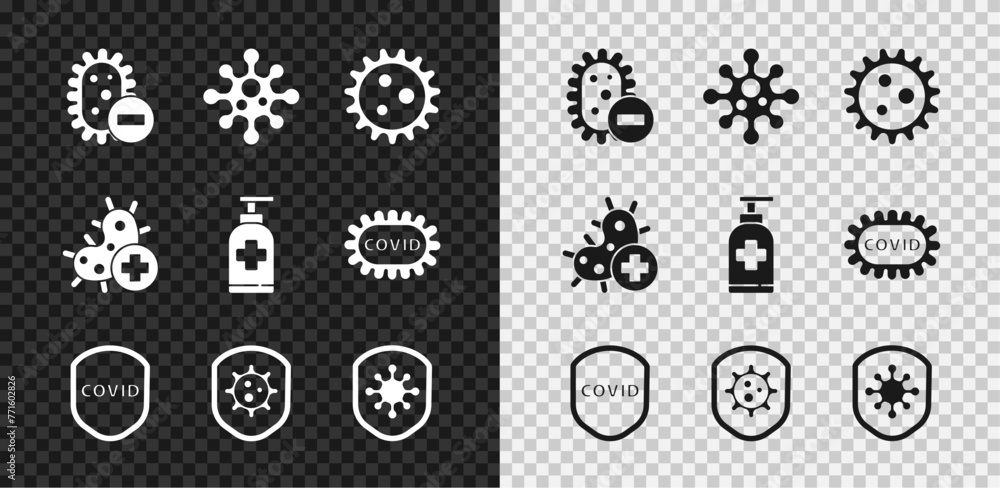 Set Negative virus, Virus, Shield protecting from, Positive and Bottle of liquid antibacterial soap icon. Vector Set Negative virus, Virus, Shield protecting from, Positive and Bottle of liquid antibacterial soap icon. Vector