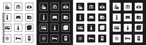 Set Suitcase, Big bed, Lighthouse, Rv Camping trailer, Museum building, Photo and Action extreme camera icon. Vector
