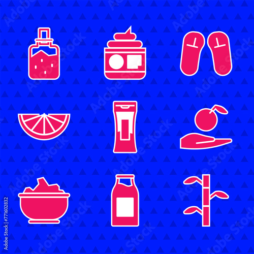 Set Bottle of shampoo, with milk, Bamboo stems leaves, Apple in hand, Sea salt bowl, Citrus fruit, Slipper and Spa icon. Vector