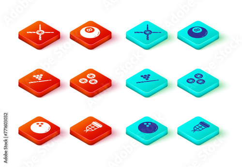 Set Bowling ball, Billiard pocket, cue and, and Crossed billiard cues icon. Vector