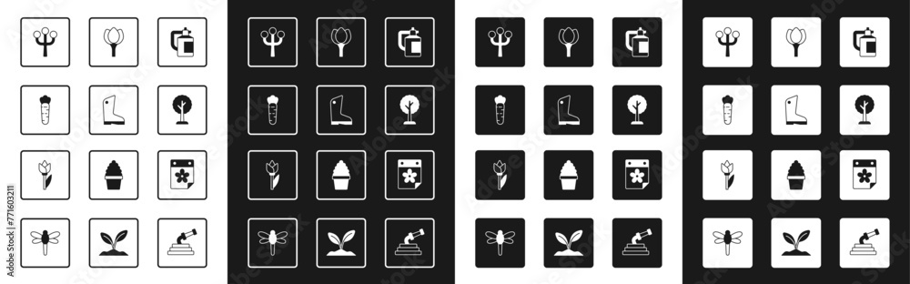 Set Garden sprayer for fertilizer, Rubber gloves, Carrot, Blossom tree branch, Forest, Flower tulip, Calendar with flower and icon. Vector Set Garden sprayer for fertilizer, Rubber gloves, Carrot, Blossom tree branch, Forest, Flower tulip, Calendar with flower and icon. Vector