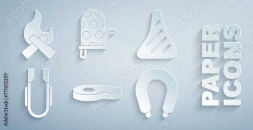 Set Steak meat, Meat tongs, Sausage, Oven glove and Campfire icon. Vector
