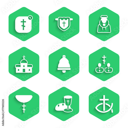 Set Church bell, Goblet and bread, Christian fish, Priest, cross on chain, building, Monk and Online church pastor preaching icon. Vector