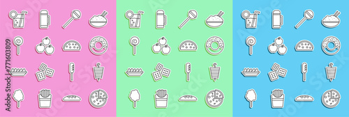 Set line Pizza, Grilled shish kebab, Donut, Lollipop, Apple, Cocktail and Taco with tortilla icon. Vector