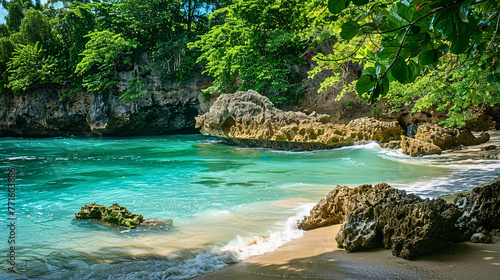 Hidden Beach Paradise, in a secluded cove with turquoise water and lush greenery. 