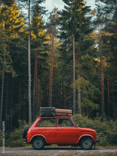 A red car parked with a suitcase securely strapped on its roof, ready for travel