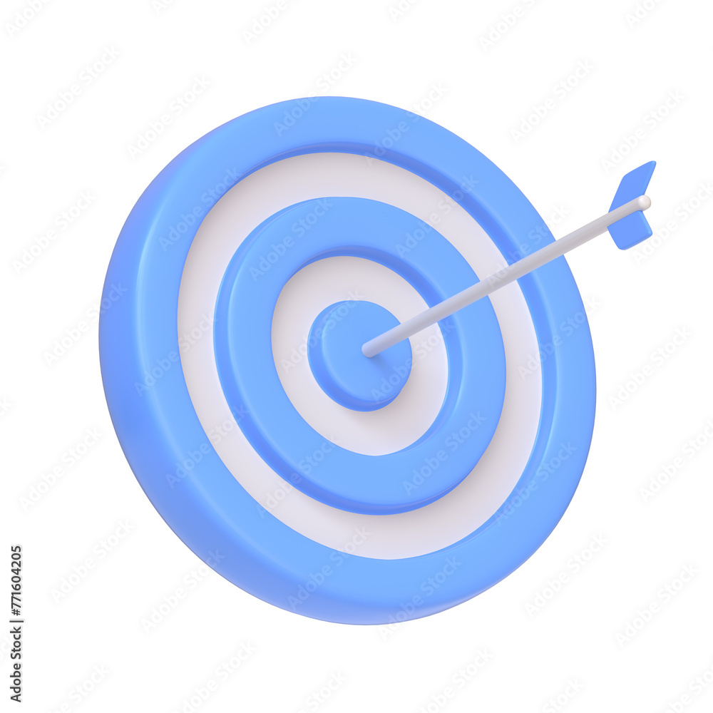 Blue and white target with an arrow hitting the bullseye, symbolizing precision, goal achievement, and success isolated on white background. Icon, sign and symbol. Side view. 3D Render Blue and white target with an arrow hitting the bullseye, symbolizing precision, goal achievement, and success isolated on white background. Icon, sign and symbol. Side view. 3D Render