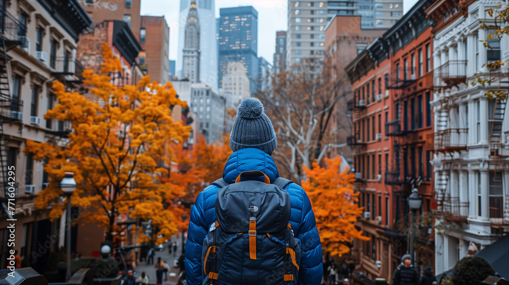 Person with backpack standing on a city street lined with autumn trees, facing skyscrapers in the distance.
