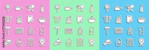 Set line Chef hat with location, Refrigerator, Citrus fruit juicer, Crossed fork and spoon, Manual coffee grinder, Measuring cup, Frying pan and Cutting board knife icon. Vector
