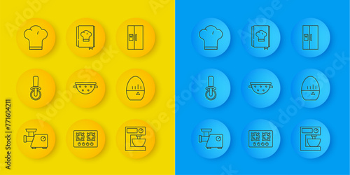 Set line Kitchen meat grinder, Pizza knife, colander, Electric mixer, timer, Chef hat, Refrigerator and Cookbook icon. Vector