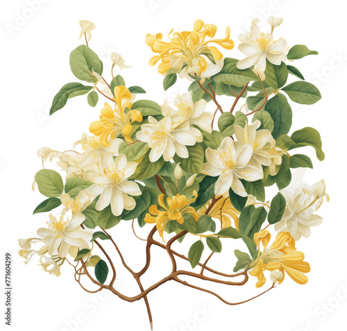 Honeysuckle Splendor: An intricate botanical illustration of a honeysuckle vine, with its lush, white and yellow blossoms flourishing in full detail, against a soft, neutral background