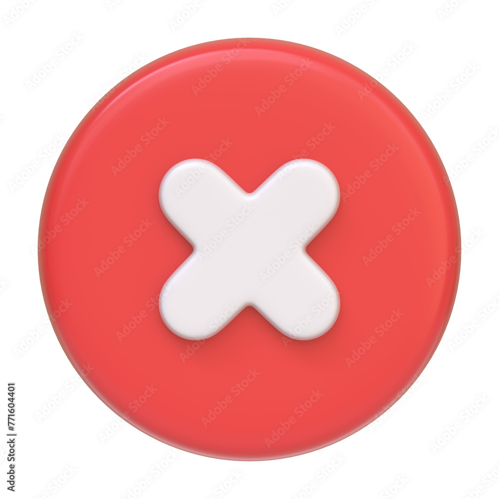 Close-up of a glossy red button featuring a prominent white cross, symbolizing error or cancellation isolated on a white background. 3D icon, sign and symbol. Front view. 3D Render Illustration Close-up of a glossy red button featuring a prominent white cross, symbolizing error or cancellation isolated on a white background. 3D icon, sign and symbol. Front view. 3D Render Illustration