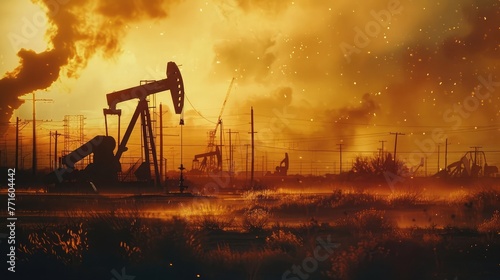 Silhouette of Oil pump rig, Oil and gas production, Oilfield site, and Pump Jack, Drilling derricks for fossil fuels output and crude oil production, War on oil prices, war crisis, blurred image photo