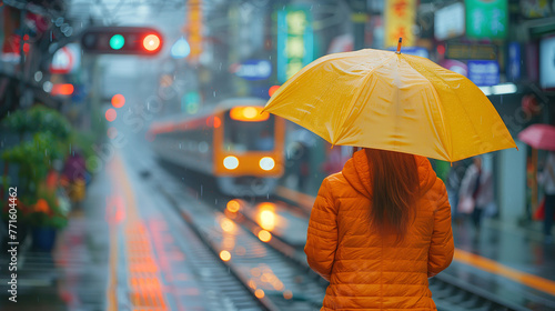 Person with yellow umbrella waiting for train on rainy day at station.