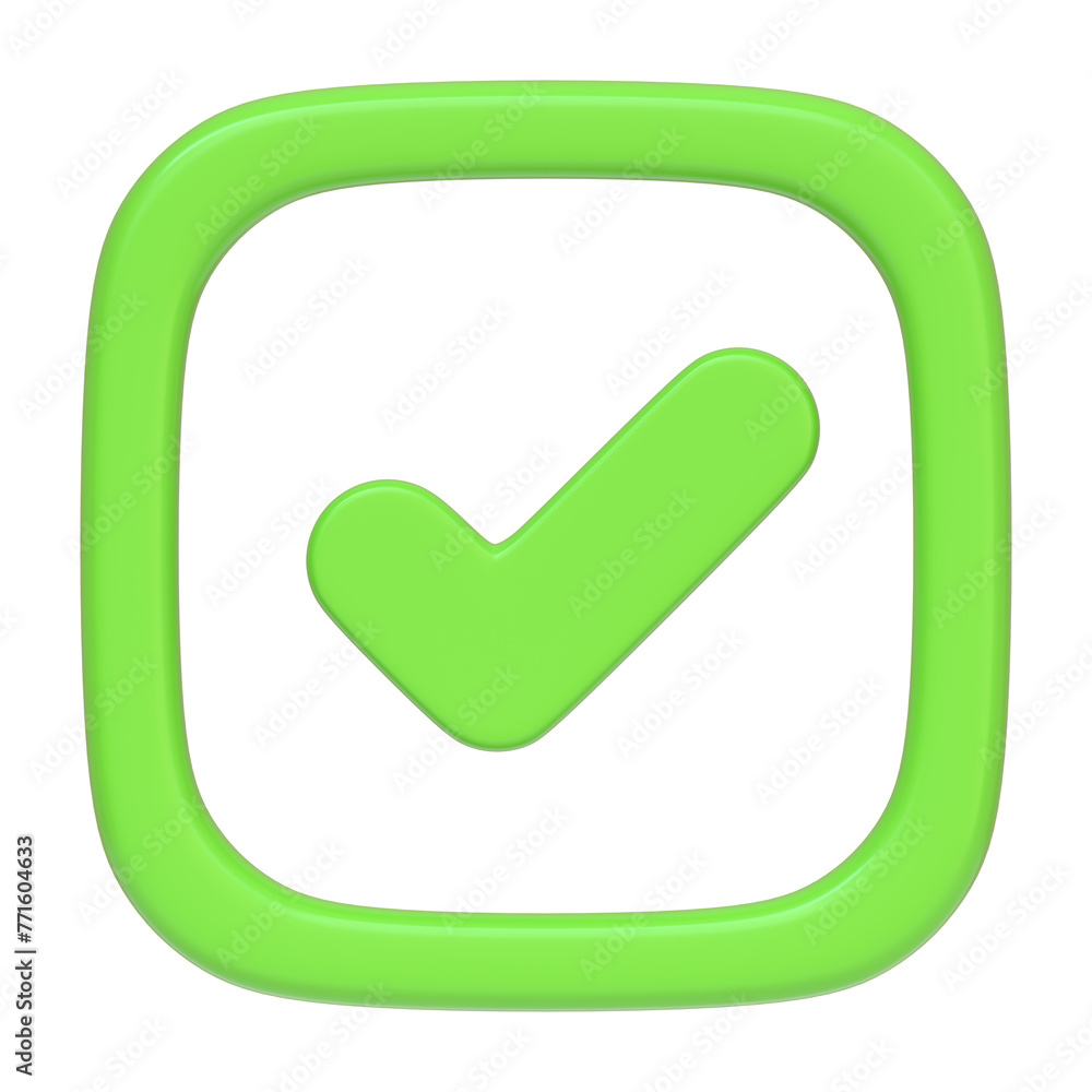 A green rounded square button with a check mark isolated on a white background, indicating approval or selection in an interface. 3D icon, sign and symbol. Front view. 3D Render Illustration A green rounded square button with a check mark isolated on a white background, indicating approval or selection in an interface. 3D icon, sign and symbol. Front view. 3D Render Illustration
