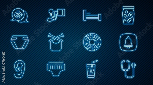 Set line Stethoscope, Emergency phone call, Bed, Knitting, Adult diaper, Grandmother, Vitamin pill and Blood pressure icon. Vector