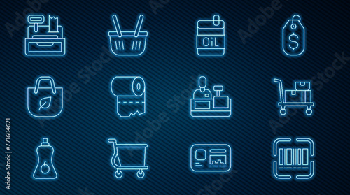 Set line Scanner scanning bar code, Hand truck and boxes, Bottle of olive oil, Toilet paper roll, Shopping bag with recycle, Cash register machine, Cashier at cash and basket icon. Vector