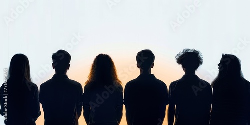 Silhouette of several people seen from behind with white background, Generative AI