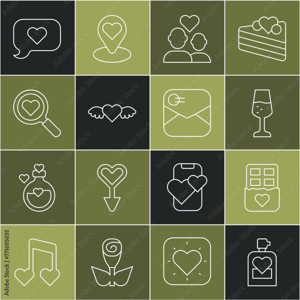 Set line Perfume, Chocolate bar, Glass of champagne, Lover couple, Heart with wings, Search heart and love, speech bubble and Envelope Valentine icon. Vector Set line Perfume, Chocolate bar, Glass of champagne, Lover couple, Heart with wings, Search heart and love, speech bubble and Envelope Valentine icon. Vector