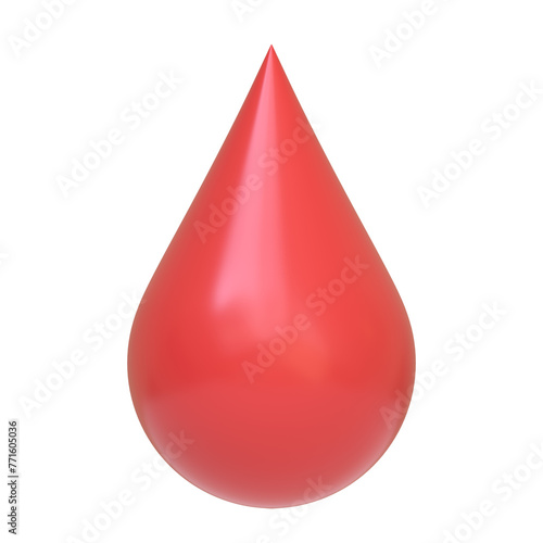 Red droplet shape  isolated on a white background, symbolizing blood or paint. 3D icon, sign and symbol. Front view. 3D Render Illustration photo