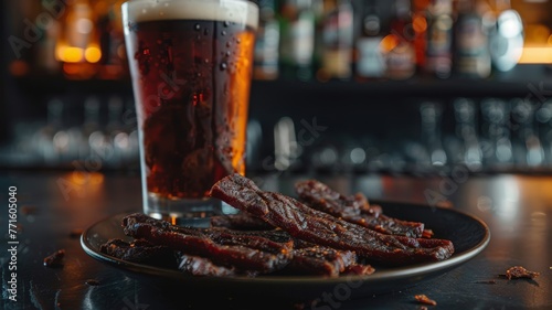 A plate of ribs sits next to a glass of beer on a wooden table. The ribs are juicy and covered in barbecue sauce, ready to be enjoyed