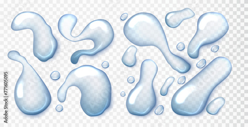 Spill blue water isolated on transparent background. Aqua liquid, Clear droplets of pure aqua, blue cosmetic serum or gel.