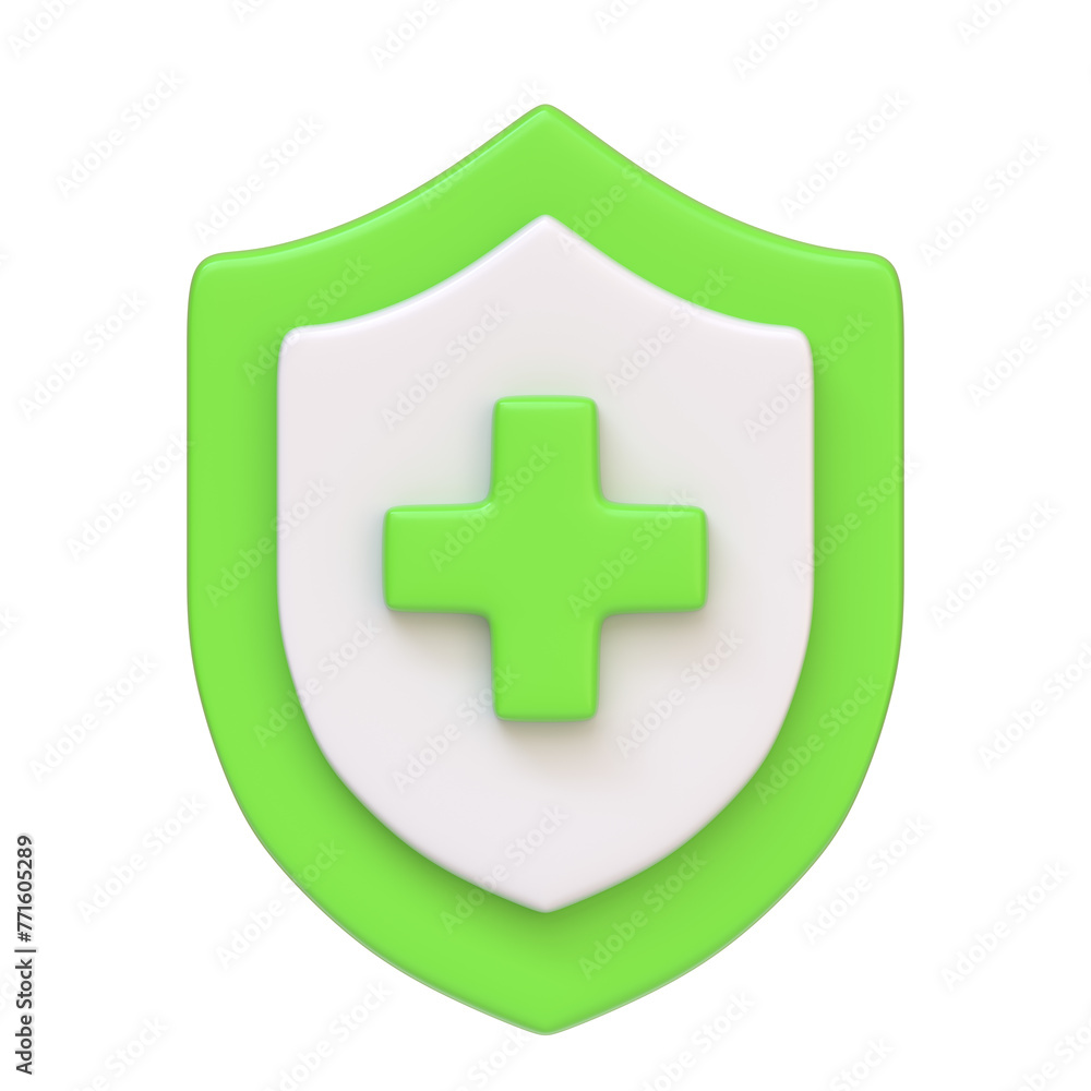 Obraz premium Green and white medical shield with a prominent blue cross, symbolizing healthcare protection, isolated on white background. 3D icon, sign and symbol. Front view. 3D Render Illustration