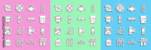 Set line Water filter, Glass with water, Industry pipe and valve, Electric boiler for heating, metallic and Broken leaking icon. Vector