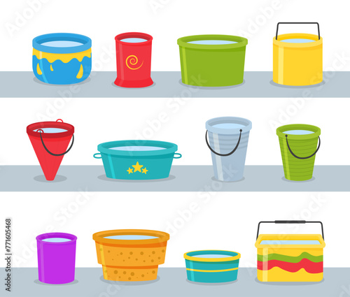 Set of realistic 3d colored empty plastic buckets with handle. The bucket is empty and filled with water. Water pails isolated on background. Vector illustration