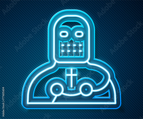 Glowing neon line Knight crusader icon isolated on blue background. Vector