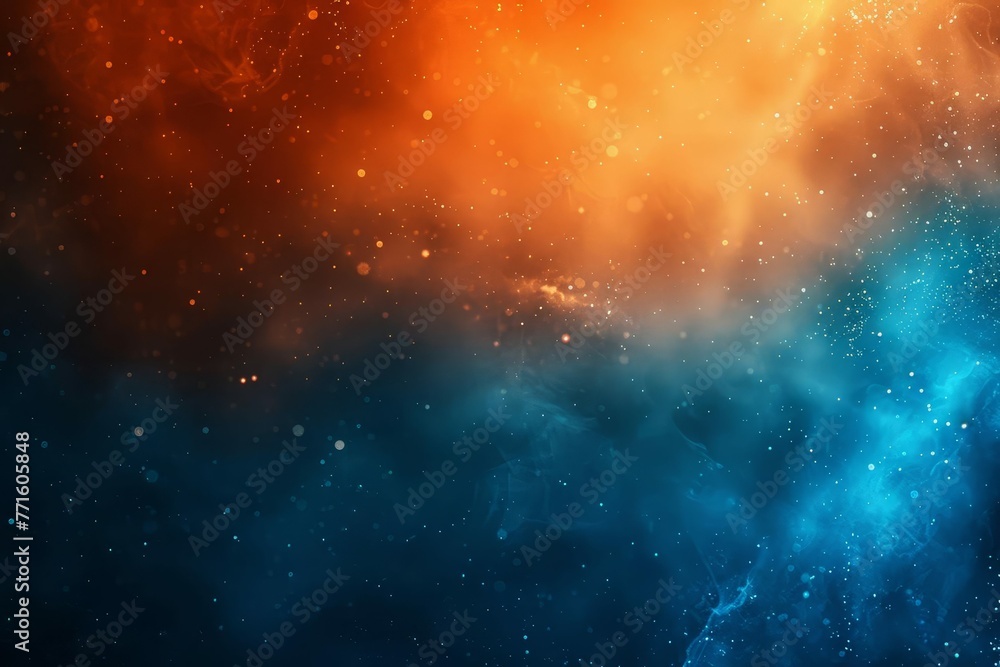 Abstract orange and blue gradient background, shiny light effect, grungy noise texture, empty space for text, digital art