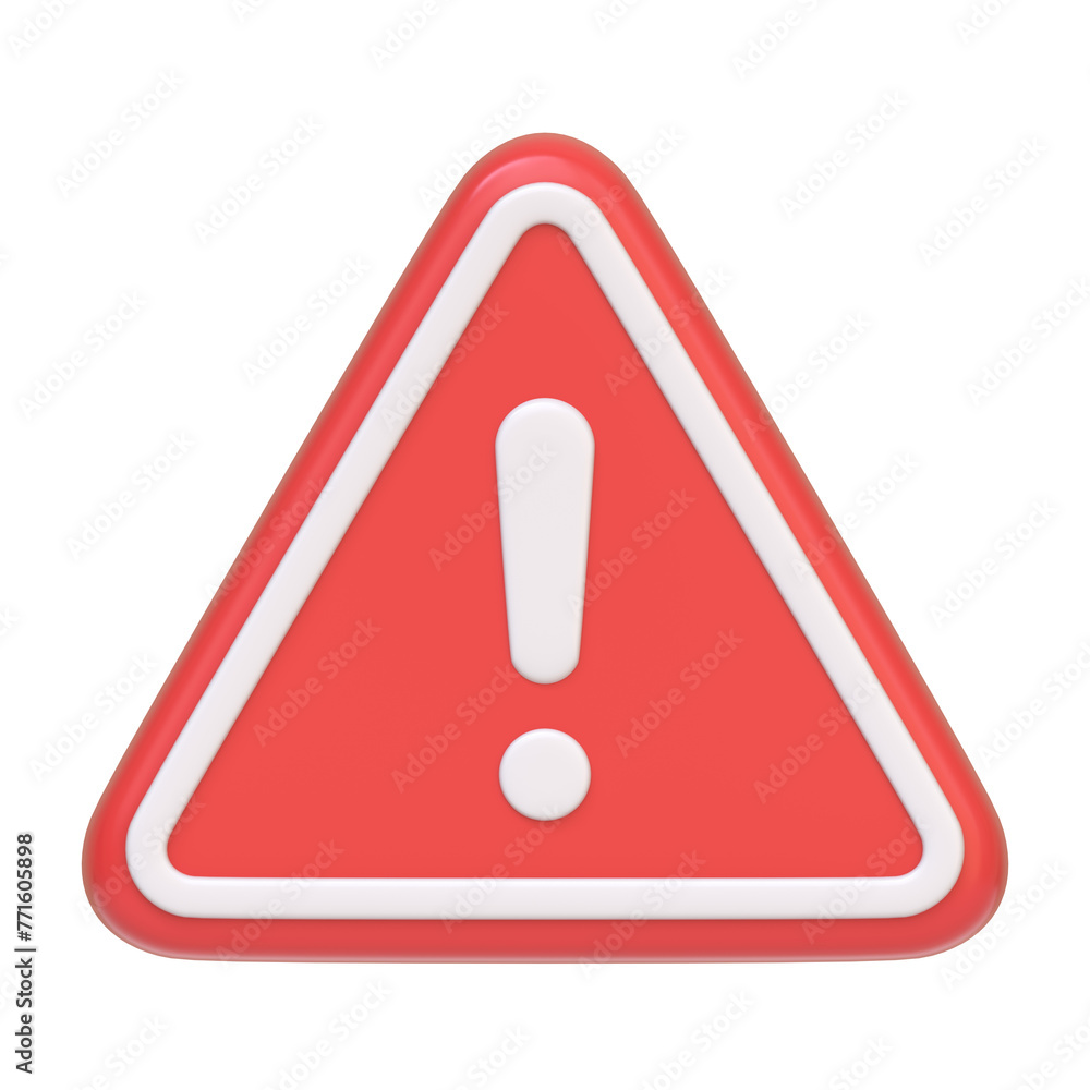 Red warning sign featuring a bold exclamation mark, commonly used for alerting to potential danger or caution isolated on white background. 3D icon, sign and symbol. Front view. 3D Render Illustration Red warning sign featuring a bold exclamation mark, commonly used for alerting to potential danger or caution isolated on white background. 3D icon, sign and symbol. Front view. 3D Render Illustration