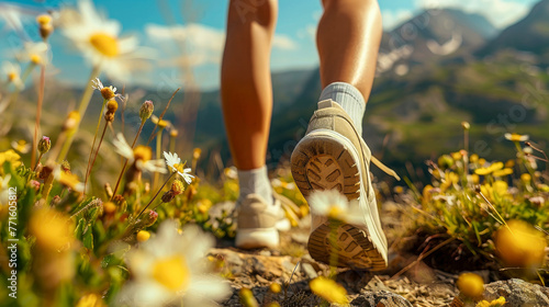 Close-up of slender legs of tourist girl in sneakers, traveler strolling through clearing with colorful wildflowers. There is mountain landscape in background. Sunny weather. Concept of hiking.